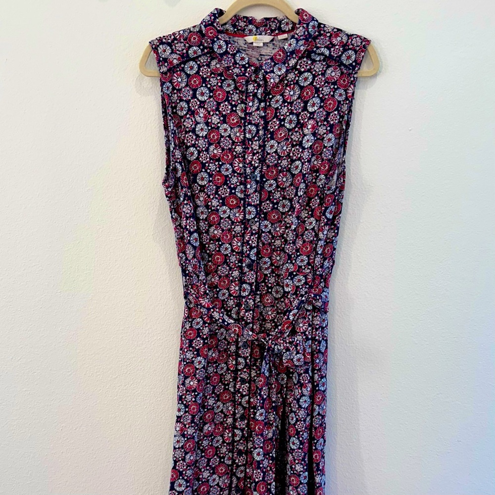 Boden Rhoda Pom Trim Jersey Shirt Dress Navy & Red EUC Size 16 L/ 18 L